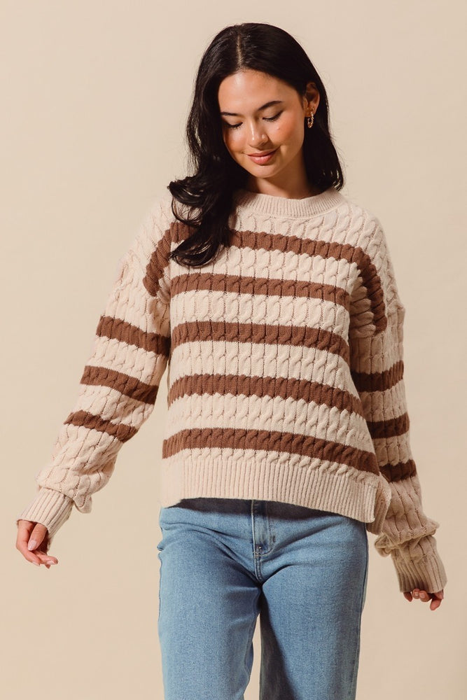 Mocha Stripe Cable Knit Sweater Top With Side Slits