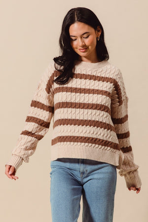 Mocha Stripe Cable Knit Sweater Top With Side Slits