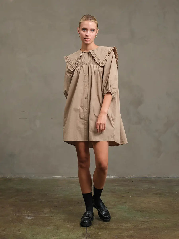 Biege Cotton Ruffle Collar Smock Dress