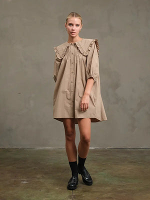 Biege Cotton Ruffle Collar Smock Dress