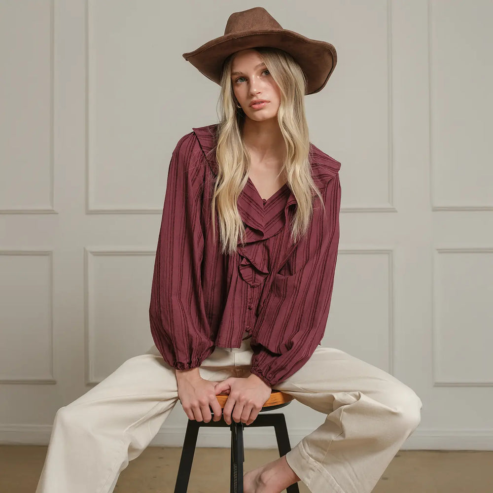 Wine Ruffle Trim Striped Blouse