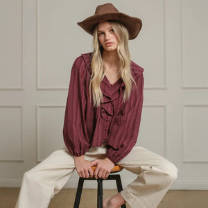 Wine Ruffle Trim Striped Blouse