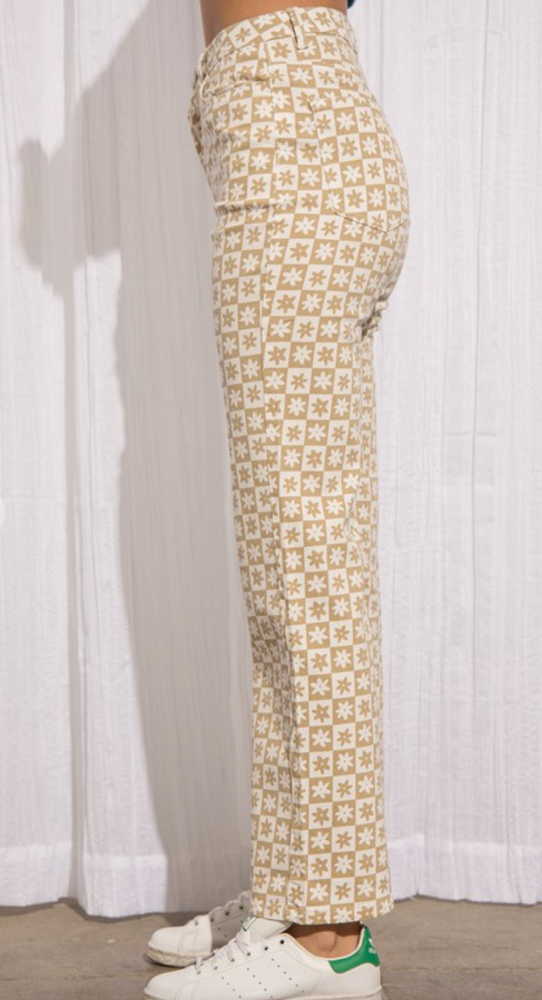 Taupe Daisy Checkered Pants